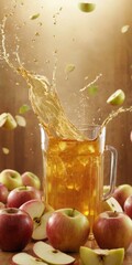 Apple Juice Splashing from a Glass Pitcher Surrounded by Fresh Apples