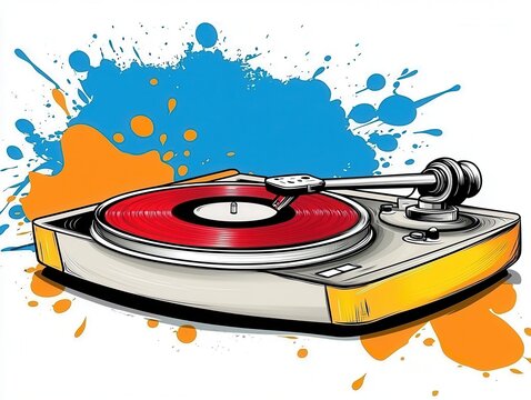 red vinyl record player with colorful background clip art preview