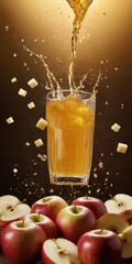 Apple Juice Being Poured into Glass with Fruit and Apple Cubes