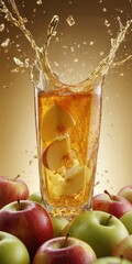 Apple juice splashing out of a glass with apple slices and surrounding whole apples