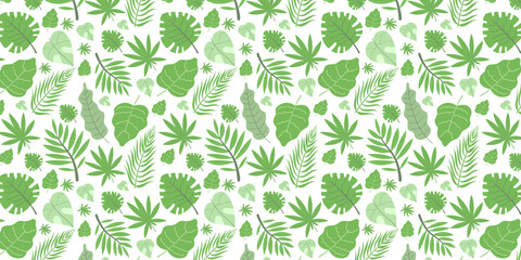 Seamless pattern of tropical green leaves. Dense foliage design with monstera, palm, and fern on light background. Different types of foliage design perfect for summery or nature-inspired themes.