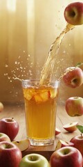 Refreshing Apple Beverage with Splashing Liquid and Fresh Apples on a Wooden Surface