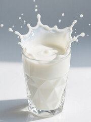 A glass of fresh white milk with a dramatic splash captured mid-air, forming an artistic pattern