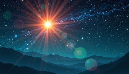 d render of sparkling lights in night sky with emerald tones, subject positioned on left with copy space on right under solar flare.