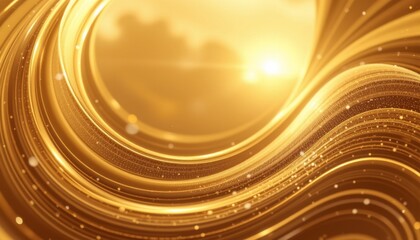create a 3d render of a golden swirl spline line abstract background with morning radiance, position the subject on the left side, leaving ample copy space on the right for photos.