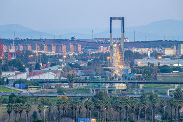 Seville, Spain, Jan 26 2020, Centenario Bridge illuminated at dusk in Seville, Andalusia, Spain
