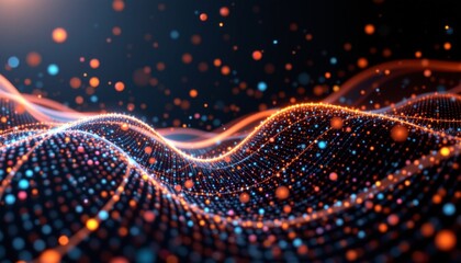 abstract digital background with a network of bright connected dots and lines in a wave of gradient dots on a black background, 3d rendering with prismatic style