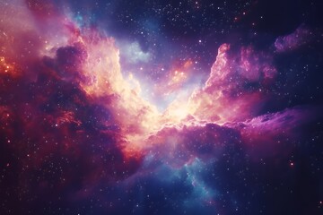 A vibrant nebula glows with cosmic dust and stars