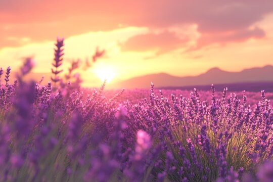 Lavender fields at sunset with vibrant orange and purple sky