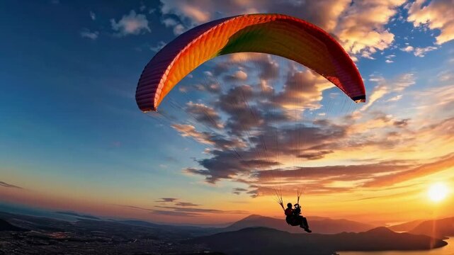 Aerial video shot of a paraglider with a rainbow canopy against a vibrant sunset sky, capturing the thrill of flight from a low-angle perspective. Live desktop wallpaper.