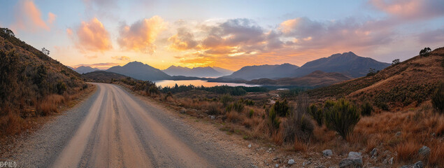 Scenic dirt road winding through mountain valley at sunrise