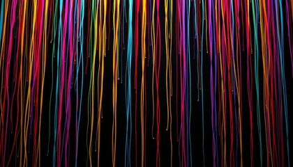 vibrant threads cascading down from the top against a black background, creating a luminous display, perfect for photos with clear copy space at the bottom.
