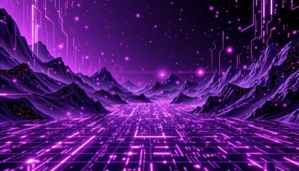 abstract purple grid cyberspace landscape background with hi tech network elements in 3d illustration, subject positioned on the right side