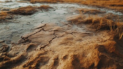 close-up of cracked mud surface with grass shoots in Mongolia steppe, dusty brown and fresh green