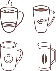 Four Simple Line Art Coffee Mugs, coffee mug icon outline vector illustration mug line art design