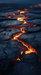 Molten lava flows through cracks in hardened volcanic rock.