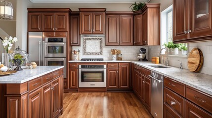 A modern kitchen with rich wood cabinetry and granite countertops.