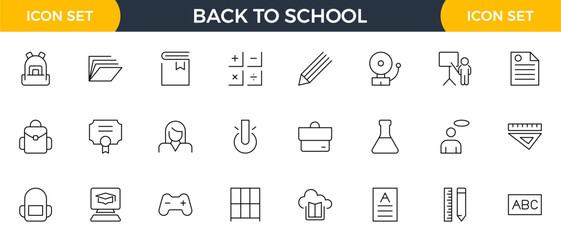 Back to school line icons set. Education, learning, school, online school, outline education, graduation, study, lesson, book, telescope, backpack and bus outline icon collection.