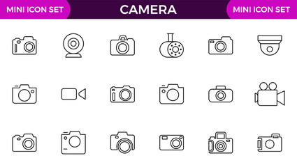 Camera line icon collection. Photography, video, shooting, camera lens, tripod, studio, action camera and camera and equipment line icon set.