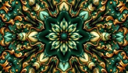 dark green and gold fractal flower pattern position: top of the image focus: copy space at the bottom.