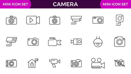 Camera line icon collection. Photography, video, shooting, camera lens, tripod, studio, action camera and camera and equipment line icon set.