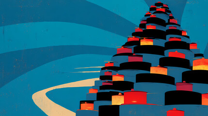 Obraz premium Breathtaking digital creation of mountains made from stacked teapots, showcasing surreal repetition and fantastic light play. steep geometry. Illustration