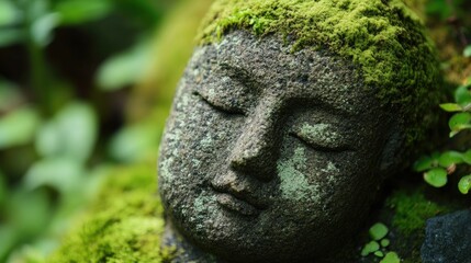 Fototapeta premium close-up of moss-covered stone in Japanese garden, vibrant green texture and earthy tone