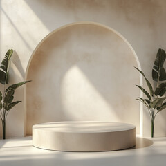 Empty round podium in modern beige interior with sunlight