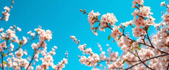 Panoramic view of delicate apricot blossoms against a vibrant blue sky; ample copy space,  blue sky,  spring