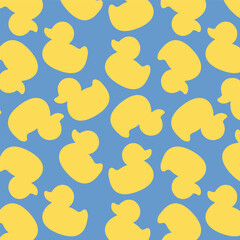 Seamless pattern of yellow rubber duck silhouettes on a blue background. Playful vector design for kids’ decor and party themes.