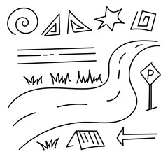 Abstract Doodle Road Elements Vector Illustration. Simple Sketch Style Street and Traffic Illustration