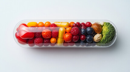 Fruits and vegetables encapsulated in a transparent capsule, symbolizing natural nutrition, holistic wellness, and the fusion of nature with health supplements, with caption space on the side.

