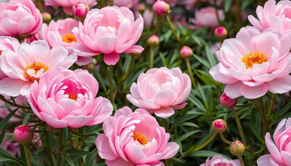 Fototapeta premium Pastel and vibrant pink peony blossoms in full bloom, lush live wall banner backdrop, botany, texture