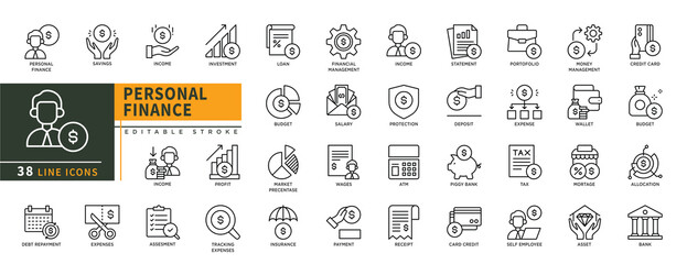 Minimalist Personal Finance line icon set with editable stroke, featuring savings, income, investment, loan, budget, profit, insurance, assesment, expenses, income, deposit, salary, tax. illustration.