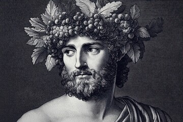 Engraved close-up of Bacchus, the Roman god of wine, wearing a crown of grapes and leaves, looking to the side in antiquity from the first century or second century