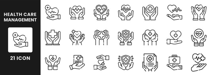 Set of line icons related to healthcare, health care management, medical, medicine, icons, illustrations, line art, hand, hands, heart, heart health, vector illustration.