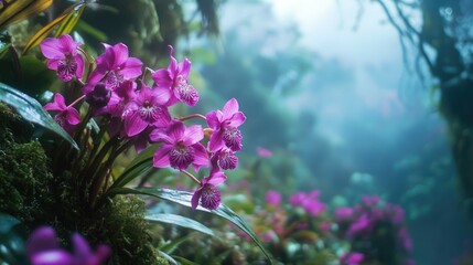 Obraz premium close-up of wild orchid in Andes cloud forest, vivid magenta and lush background blur