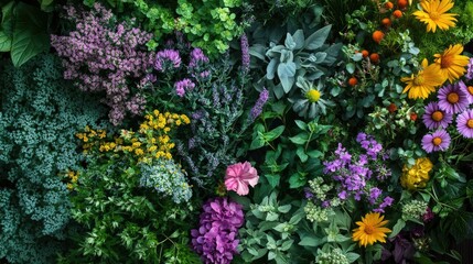 flat lay of alpine herbs and flowers in Austrian mountains, rich greens, purples, and yellows