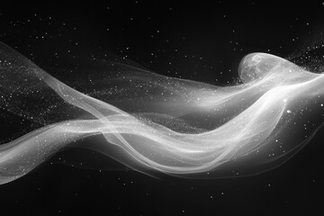 White wispy smoke flows gracefully with glittering specks against a backdrop of dark space peppered with bright stars creating an ethereal and captivating celestial vista