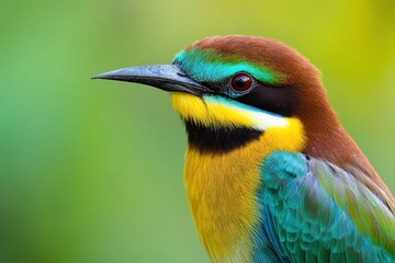 Obraz premium Close up of a European bee-eater Merops apiaster displaying vibrant plumage, capturing the intricate details of its feathers and colors against a natural green background