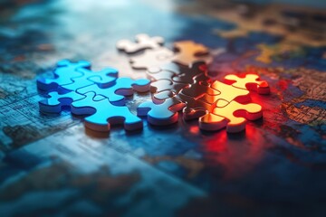 Illustrating EuropeanRussian relations with puzzle pieces over a map of Europe and Russia, symbolizing connection and potential conflict