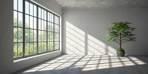 Fototapeta premium Bright Room with Large Window, Tree and Sunlight, minimalist , interior