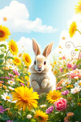 Fototapeta premium Cute Bunny in Sunny Flower Field
