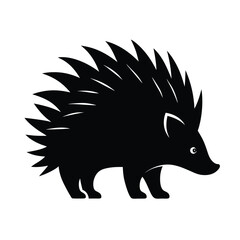 Simple black silhouette of a curious hedgehog with sharp spines and walking stance isolated