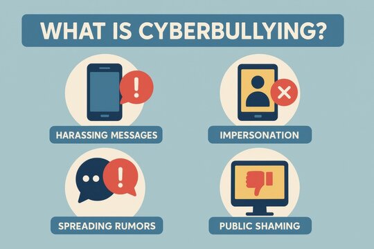 Cyberbullying types infographic showing various forms of online harassment and digital safety educational visuals - Powered by Adobe