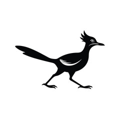 A silhouette illustration of a roadrunner bird in profile walking on a white background