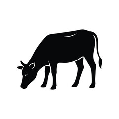 Simple black and white silhouette of a grazing cow isolated on a white background