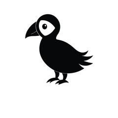 Simple black and white cartoon illustration of a cute atlantic puffin bird resting
