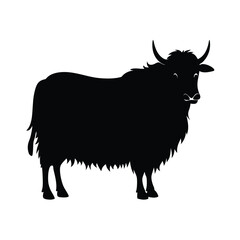 Elegant black silhouette of a yak featuring horns and fur on isolated white background