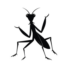 Stylized black silhouette of a praying mantis insect on a clean white background